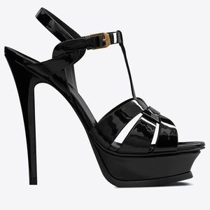 YSL Black Patent Leather Tribute Sandal Heels size 38.5